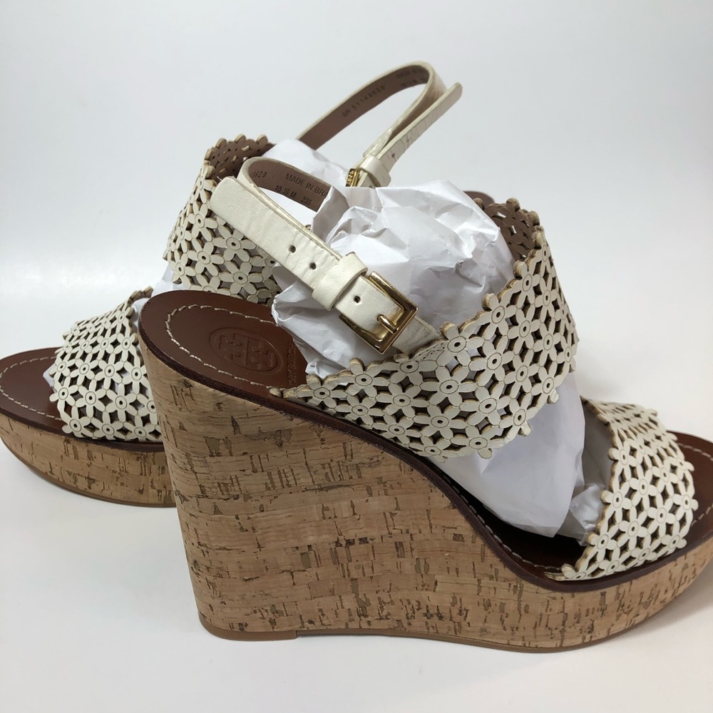 Tory Burch Ivory Flower Platform Wedge Leather Sandals Size 10.5 - Picture 3 of 11